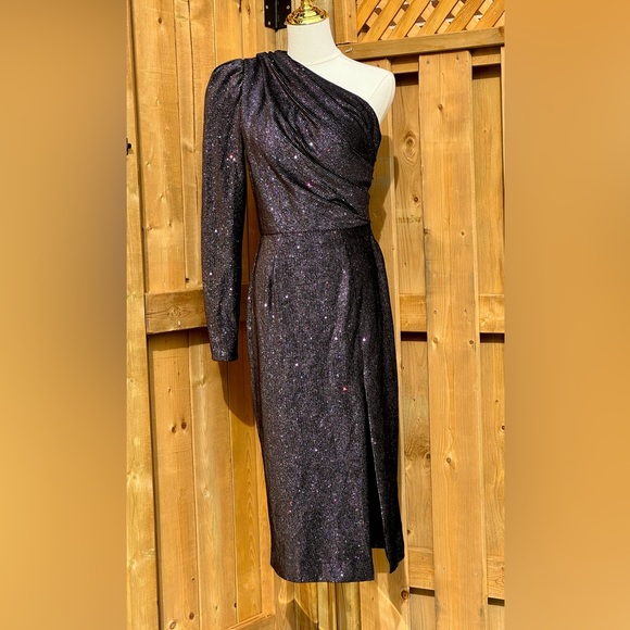 🆕 BRONX & BANCO 🧿NWT Belle One Shoulder Dress, Black Glitter Velvet, Sz M US 6 - Picture 4 of 17
